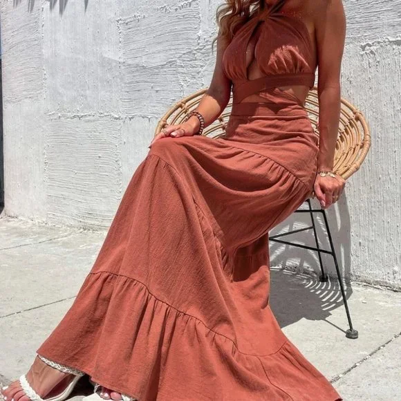 Burnt Orange Casual Womens Cut Out Crisscross Ruffle Hem Backless Halter Dress - Picture 1 of 5